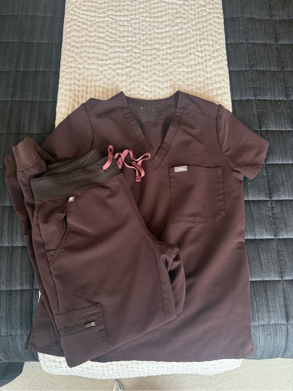 FIGS V-Neck Scrub Set in Plum with Pink Drawstrings